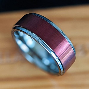 Red Mens Wedding Band Tungsten Ring with Step Edges - 8mm Silver Ring Tungsten Wedding Band Mens Ring - Unique Red Ring Thin Red Line Gift