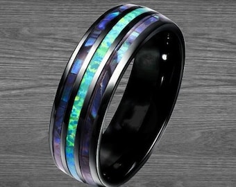 Black Tungsten Wedding Band Mens Opal Ring - 8mm Tungsten Ring Mens Wedding Band Abalone Ring - Green Blue Opal Ring Unique Mens Ring