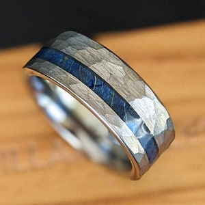 Silver Hammered Wedding Band Tungsten Ring - Blue Wood Ring Mens Wedding Band Hammered Ring - Wood Wedding Band Tungsten Wooden Ring for Men