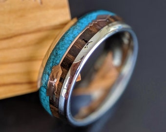 Silver Turquoise Ring Mens Wedding Band Tungsten Ring Koa Wood Wedding Band with Rose Gold Arrow Inlay 8mm Unique Engagement Bands for Him