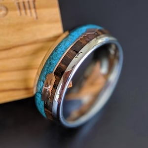 Mens Wedding Band with Turquoise & Koa Wood Ring - Tungsten Wedding Band Mens Ring Rose Gold Arrow Ring - Wood Wedding Band Tungsten Ring