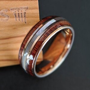 Mother of Pearl Ring Mens Wedding Band Tungsten Ring, 18K Rose Gold Ring Tungsten Wedding Band Mens Ring, 8mm Koa Wood Ring Mens Nature Ring