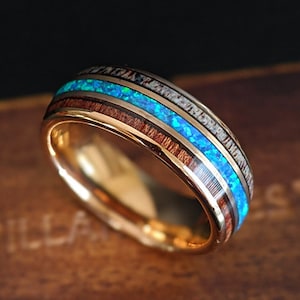 18K Rose Gold Ring Mens Wedding Band Wood Ring, Blue Opal Ring Antler & Koa Wooden Ring Tungsten Wedding Band Mens Ring, Deer Antler Ring