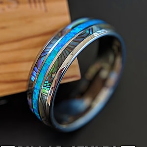 Abalone and Blue Opal Ring Mens Wedding Band - 8mm Unique Abalone Ring Tungsten Wedding Band Mens Ring - Opal Wedding Bands Womens Opal Ring