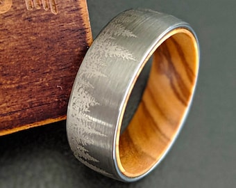 Tungsten Wedding Band Mens Wooden Ring with Forest Trees & Oak Wood Ring - Mens Wedding Band - Unique Wedding Ring Silver Tungsten Mens Ring