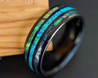 Black Opal Ring Mens Wedding Band Tungsten Ring - Abalone Ring with Green Opal Wedding Band Mens Ring - Abalone Shell Ring Unique Mens Ring
