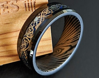 Damascus Ring Mens Wedding Band Dragon Ring, Norse Black Tungsten Ring Gothic Wedding Ring, Celtic Wedding Band Mens Ring Carbon Fiber Ring