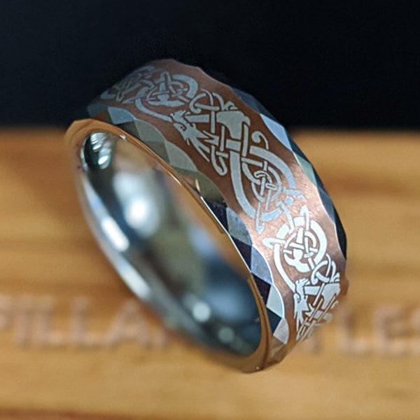 Faceted Viking Ring Mens Wedding Band Brown Tungsten Ring - Unique Norse Ring Silver Dragon Ring Viking Wedding Band Mens Ring Celtic Ring