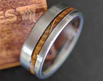 Offset Whiskey Barrel Ring Tungsten Wedding Band Mens Wood Inlay Ring, 8mm Wood Wedding Band Bourbon Barrel Ring Silver Mens Wooden Ring