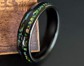 Thin Black Opal Ring Tungsten Wedding Bands Womens Ring, Abalone Ring Mens Wedding Band Tungsten Ring 6mm Womens Wedding Band Couples Rings