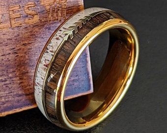 14K Gold Ring Hawaiian Koa Wood Ring Mens Wedding Band Tungsten Ring 8mm Deer Antler Ring Gold Wedding Band Mens Ring Arrow Ring Wooden Ring