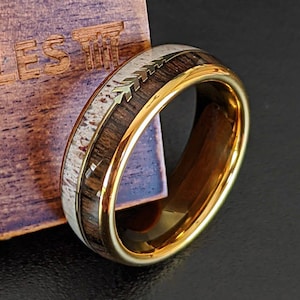 14K Gold Ring Hawaiian Koa Wood Ring Mens Wedding Band Tungsten Ring 8mm Deer Antler Ring Gold Wedding Band Mens Ring Arrow Ring Wooden Ring