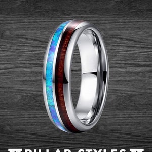 6mm Blue Opal Ring Mens Wedding Band Koa Wood Ring - Blue Fire Opal Ring Tungsten Wedding Bands Women Opal Engagement Ring Koa Wood Ring