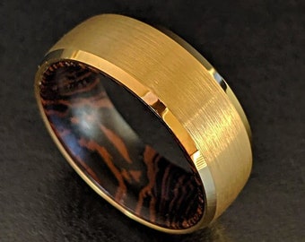 14K Gold Ring with Wenge Wood Inlay Mens Wedding Band Tungsten Ring 8mm Yellow Gold Wedding Band Wooden Ring Unique Anniversary Gift for Him