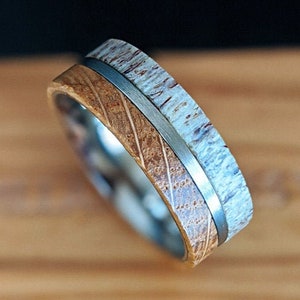 Gunmetal Whiskey Barrel Ring Mens Wedding Band Deer Antler Ring, Wood Wedding Band Mens Ring Wood & Antler Ring, Titanium Ring Wooden Ring