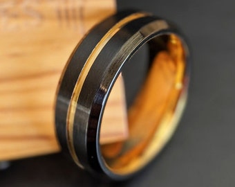 Anillo de boda de oro amarillo para hombre - Anillo de boda para hombre de oro de 14 quilates Anillo negro y dorado Alianza de boda de tungsteno Anillos para hombre de oro Anillo de tungsteno de 8 mm