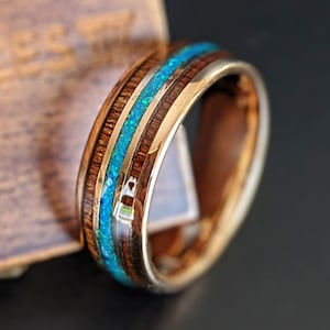 Exotic Koa Wood Ring Rose Gold Wedding Band Mens Ring, 18K Rose Gold Ring Mens Wedding Band Blue Opal Ring, Opal Wedding Band Tungsten Ring