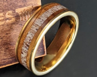 14K Gold Ring Mens Wedding Band Tungsten Ring, Whiskey Barrel Ring Bourbon Wood Ring Yellow Gold Wedding Band Mens Ring Antler Rings for Men