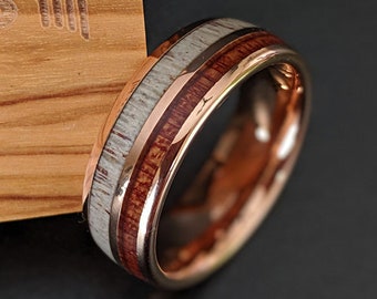 18K Rose Gold Deer Antler Ring Mens Wedding Band Tungsten Ring, 8/6mm Wood Wedding Bands Women Unique Wood Ring Couples Ring Set, Mens Ring