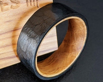 Black Whiskey Barrel Ring Mens Wedding Band Wood Ring, 8mm Titanium Ring Hammered Wedding Band Mens Ring Unique Whiskey Ring Wooden Ring