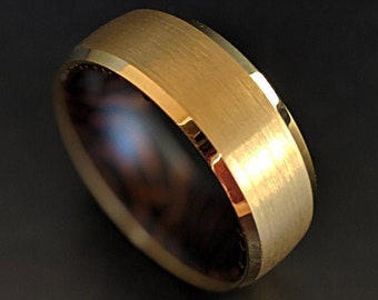 Unique Mens Wedding Band 14K Gold Ring with Wenge Wood Ring Inlay - Tungsten Wedding Band Mens Ring - 8mm Mens Gold Wedding Band Wooden Ring