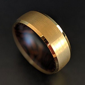 Unique Mens Wedding Band 14K Gold Ring with Wenge Wood Ring Inlay - Tungsten Wedding Band Mens Ring - 8mm Mens Gold Wedding Band Wooden Ring