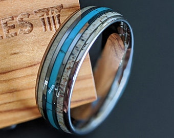 Silver Antler Ring Mens Wedding Band Tungsten Ring Mens Turquoise Ring Nature Wedding Band Mens Ring Deer Antler Ring with Turquoise Inlay