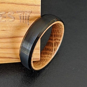 6mm Whiskey Barrel Ring Beveled Wood Wedding Band Black Tungsten Ring Mens Wedding Band Wood Ring Womens Wedding Band Wooden Ring Mens Ring