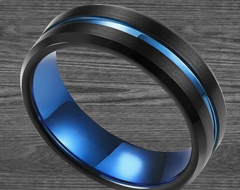 Mens Wedding Band Blue Ring, Beveled Black Tungsten Wedding Band Mens Ring Blue Groove, Thin Blue Line Gifts Police Ring, Unique Mens Ring