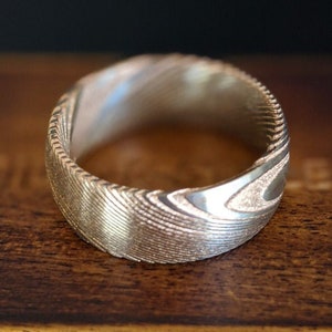 Damascus Steel Ring Mens Wedding Band Rose Gold Ring - 8mm/6mm Damascus Ring Rose Gold Wedding Band Mens Ring Unique Couples Rings Set