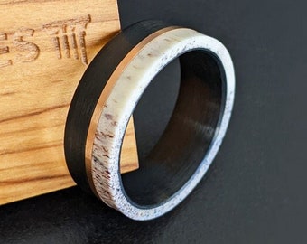 Black Deer Antler Ring Mens Wedding Band Tungsten Ring 8mm Black Ring Antler Wedding Band Mens Ring with Rose Gold Inlay Nature Wedding Ring