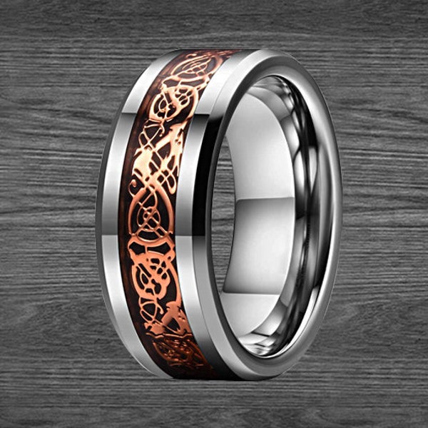 18K Rose Gold Mens Viking Ring Tungsten Wedding Band Dragon Ring - 8mm Unique Norse Ring Mens Celtic Ring Viking Wedding Band Mens Ring