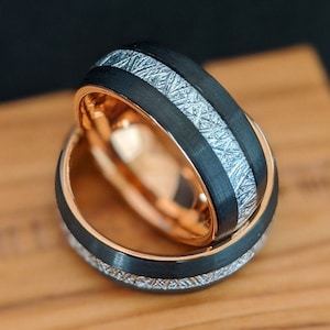Rose Gold Ring Unique Meteorite Ring Mens Wedding Band Tungsten Ring, Rose Gold Wedding Bands Womens Ring Meteorite Wedding Band Mens Ring