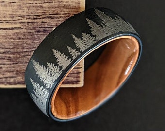 Nature Ring Mens Wedding Band Wood Ring with Forest Trees Mens Ring - Tungsten Wedding Band Mens Wood Ring - Tree Ring Wood Wedding Band