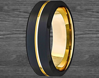 14K Gold Wedding Band Mens Ring - Yellow Gold Mens Wedding Band Black and Gold Ring Tungsten Wedding Band - Unique Mens Rings Tungsten Ring