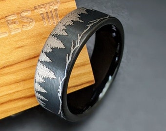 Black Tungsten Mountain Ring & Pine Tree Forest Wedding Band Mens Ring 8mm Unique Forest Ring Mens Wedding Bands Nature Ring Gifts for Him