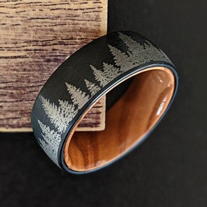 Nature Ring Mens Wedding Band Wood Ring with Forest Trees Mens Ring - Tungsten Wedding Band Mens Wood Ring - Tree Ring Wood Wedding Band