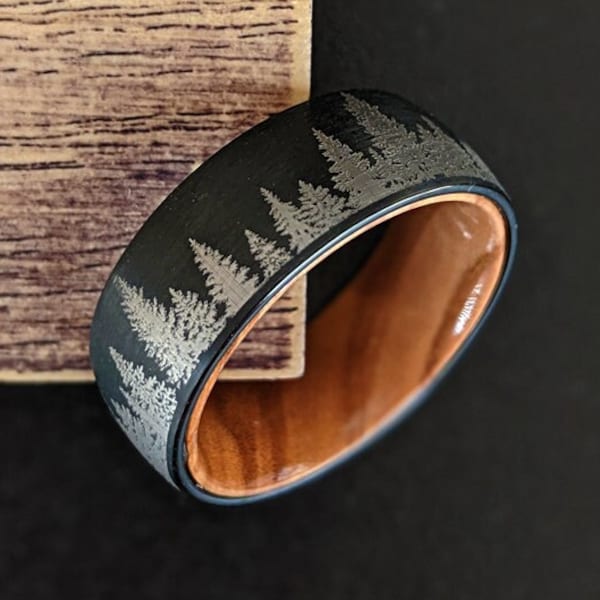 Nature Ring Mens Wedding Band Wood Ring with Forest Trees Mens Ring - Tungsten Wedding Band Mens Wood Ring - Tree Ring Wood Wedding Band