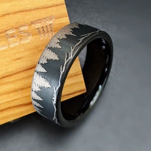 Black Tungsten Mountain Ring & Pine Tree Forest Wedding Band Mens Ring 8mm Unique Forest Ring Mens Wedding Bands Nature Ring Gifts for Him