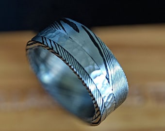 Damascus Mens Wedding Band Hammered Ring 8mm Silver Two Tone Damascus Rings for Men Unique Damascus Wedding Band Mens Ring with Offset Inlay