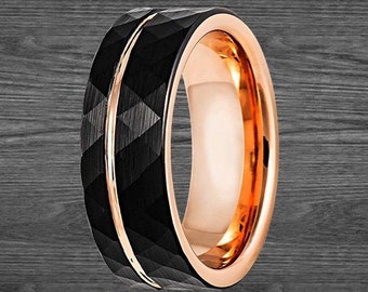 18K Rose Gold Ring Mens Wedding Band Hammered Ring 8mm Rose Gold Wedding Band Tungsten Ring Black Mens Wedding Ring Offset Groove Mens Ring