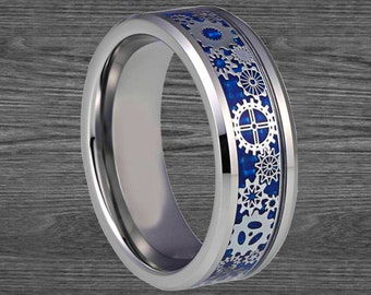 Blue Steampunk Ring Mens Wedding Band Carbon Fiber Ring - Gearhead Gift Tungsten Wedding Band Mens Ring Cogs Mechanical Ring - Engineer Ring