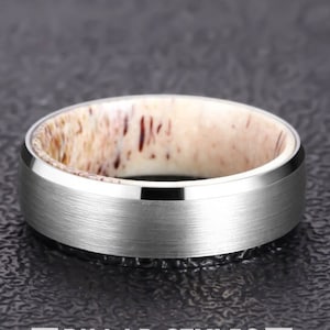 Deer Antler Engagement Ring Tungsten Wedding Band Mens Ring 8mm Rustic Silver Antler Ring Beveled Edges Mens Wedding Bands Elk Stag Inlay