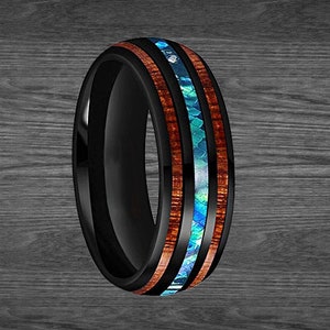 Tropischer Abalone & Koa Holzring Herren Ehering - Abalone Ring Wolfram Ehering Herrenring - Schwarzer Holz Inlay Ring Einzigartiger Herrenring