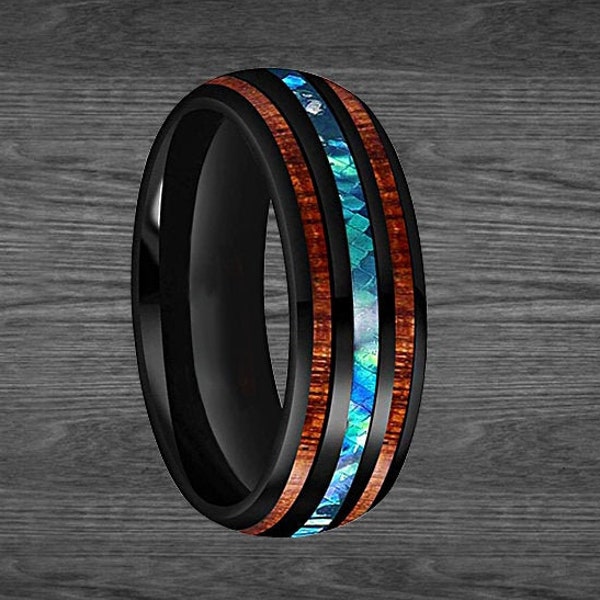 Tropical Abalone & Koa Wood Ring Mens Wedding Band - Abalone Ring Tungsten Wedding Band Mens Ring - Black Wood Inlay Ring Unique Mens Ring