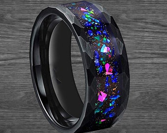 Blue Opal Ring Mens Wedding Band Tungsten Ring, Black Hammered Ring Opal Wedding Band Mens Ring with Faceted Edges 8mm Opal Inlay Ring