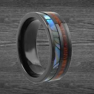 Koa Holzring Herrenring Schwarzer Ehering - 8 mm Abalone Ring Wolfram Ehering Herrenring - Holz Inlay Ring Herrenring