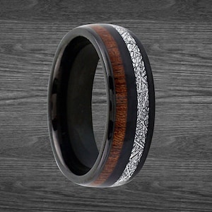 Black Meteorite Ring Tungsten Wedding Band Mens Ring, Koa Wood Ring Mens Wedding Band Tungsten Ring, Meteorite Wedding Band Couples Rings
