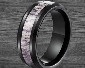 Anillo de asta de ciervo para hombre, anillo de bodas de tungsteno - Anillo negro, anillo de bodas de tungsteno para hombre - Anillo de hueso de 8 mm, anillos de boda de asta para hombre