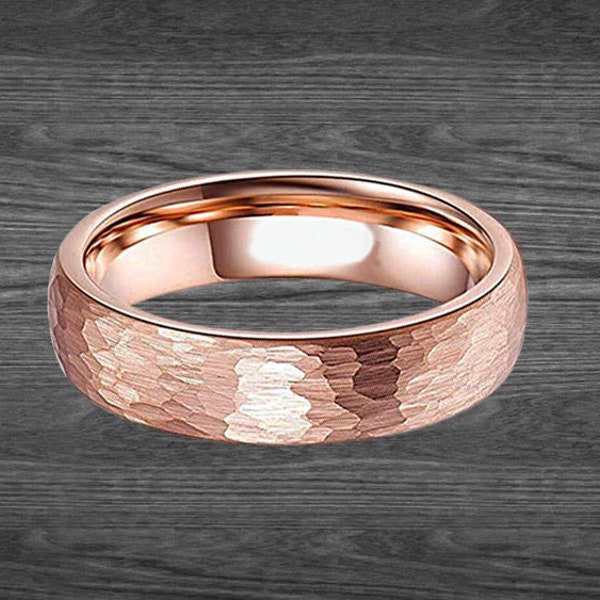 Thin 18K Rose Gold Wedding Band Womens Ring 4mm Hammered Wedding Band Couples Rings Womens Wedding Ring Rose Gold Rings for Couples 4mm/6mm